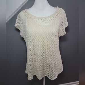 Reba Top Women's Crochet Overlay Western Boho Shirt Stud Detail Size L Ivory